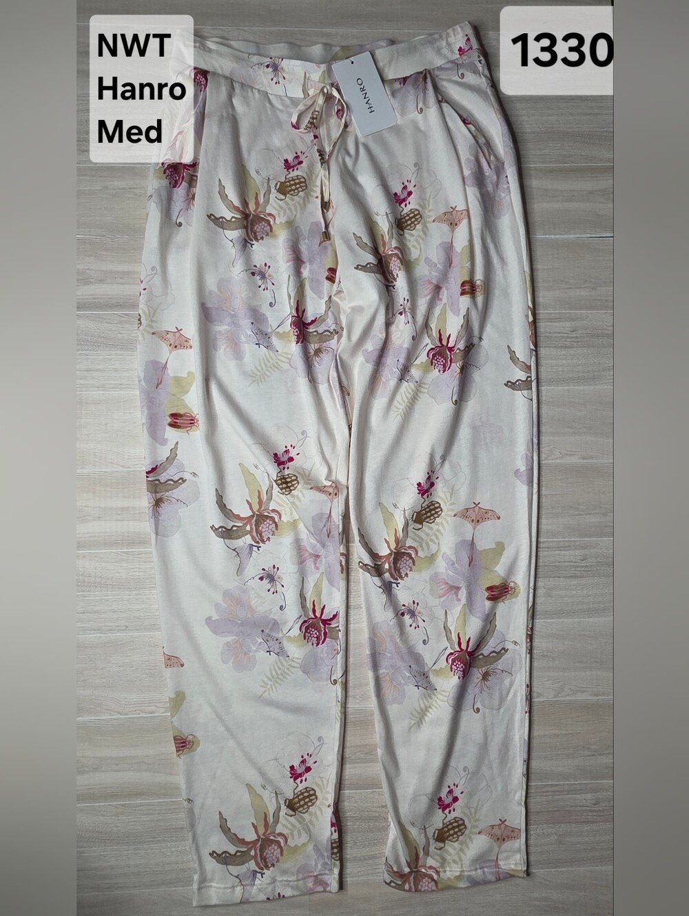 Hanro Cream Floral Lounge Pants with Pink & Green Accents